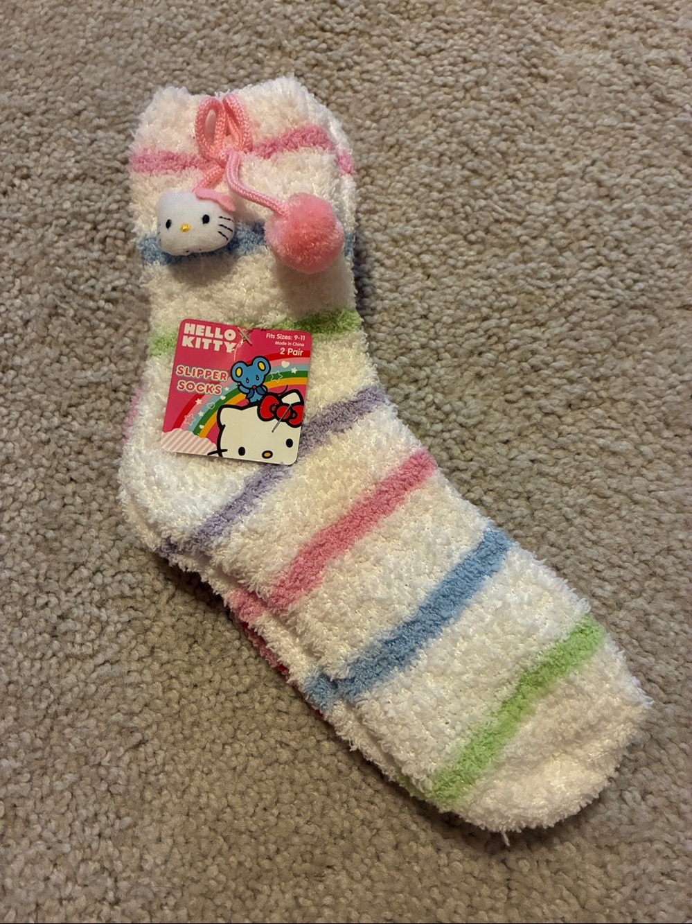 2 Hello Kitty Pastel Striped Socks w/Pom Accent and Pink Non-Slip Slipper Socks.